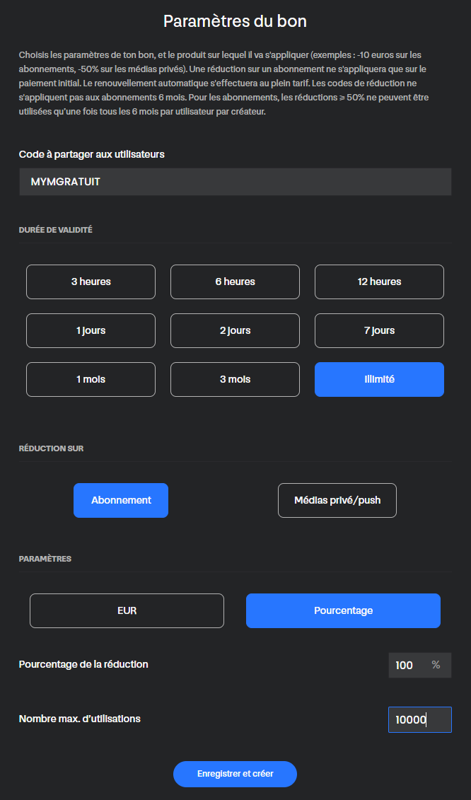 Créer un code promo MYM gratuit